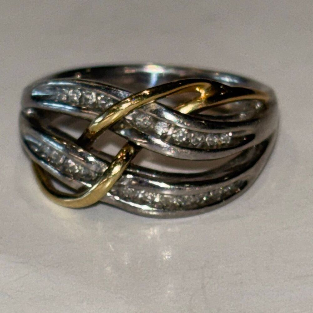 2 tone 14k yellow gold & 925 silver infinity twist knot ring w/diamonds Sz 7 - Picture 3 of 10
